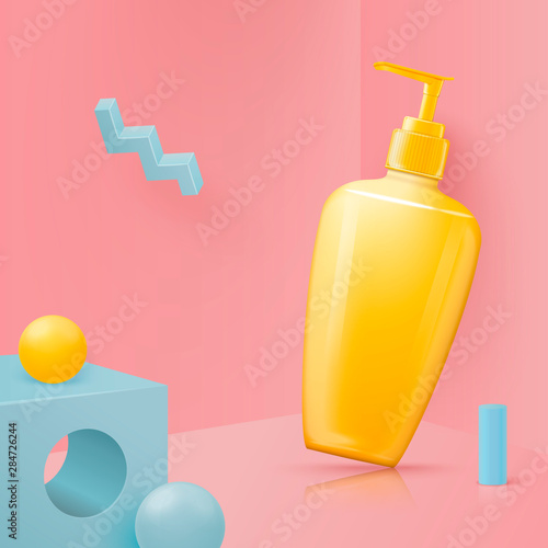 Vector 3d realistic pink corner wall abstract scene with blue and yellow geometric objects and shampoo bottle.