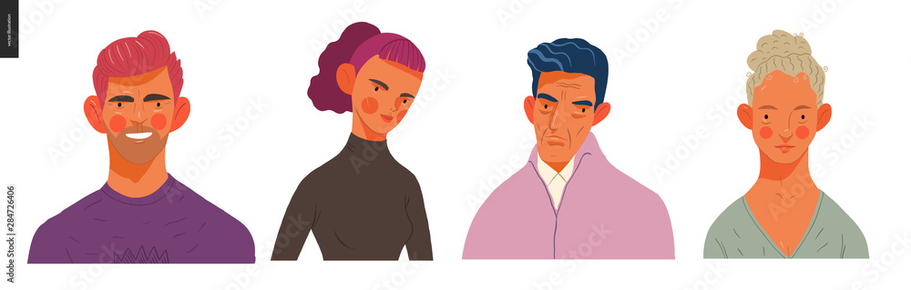 Real people portraits set - hand drawn flat style vector design concept illustration of men and women, male and female faces and shoulders avatars. Flat style vector icons set Real people portraits set - hand drawn flat style vector design concept illustration of men and women, male and female faces and shoulders avatars. Flat style vector icons set