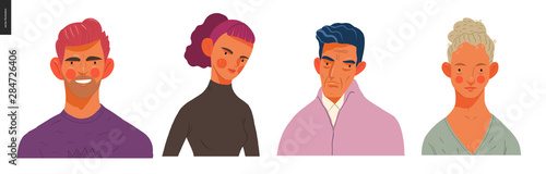 Real people portraits set - hand drawn flat style vector design concept illustration of men and women, male and female faces and shoulders avatars. Flat style vector icons set