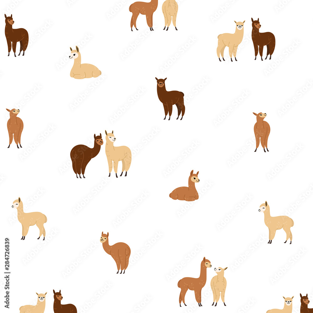 Obraz premium Cartoon alpaca - simple trendy animal pattern on white background. Cartoon vector illustration for prints, clothing, packaging and postcards. 