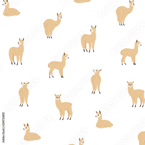 Cartoon alpaca - simple trendy beige animal pattern on white background. Cartoon illustration for prints, clothing, packaging and postcards. 