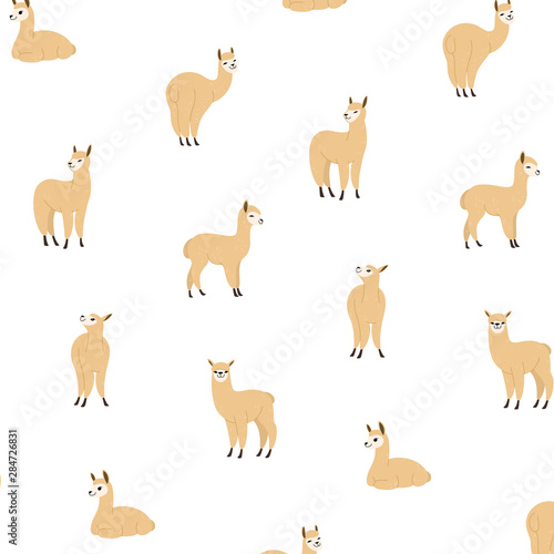 Cartoon alpaca - simple trendy beige animal pattern on white background. Cartoon vector illustration for prints, clothing, packaging and postcards. 