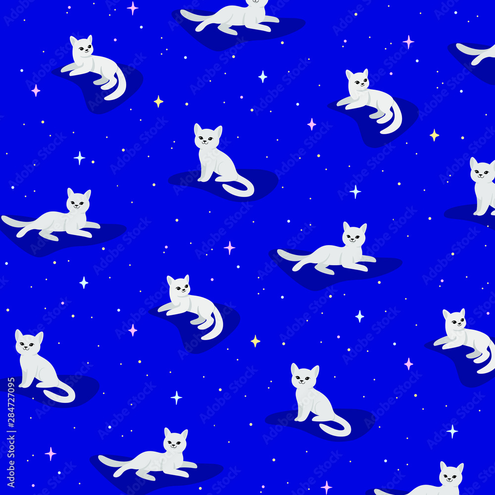 Cartoon cat - simple trendy animal pattern with stars on blue background. Cartoon vector illustration for prints, clothing, packaging and postcards. 