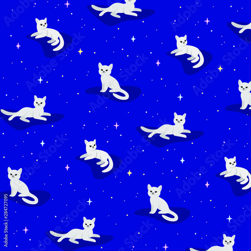 Cartoon cat - simple trendy animal pattern with stars on blue background. Cartoon vector illustration for prints, clothing, packaging and postcards.  © Lili Kudrili