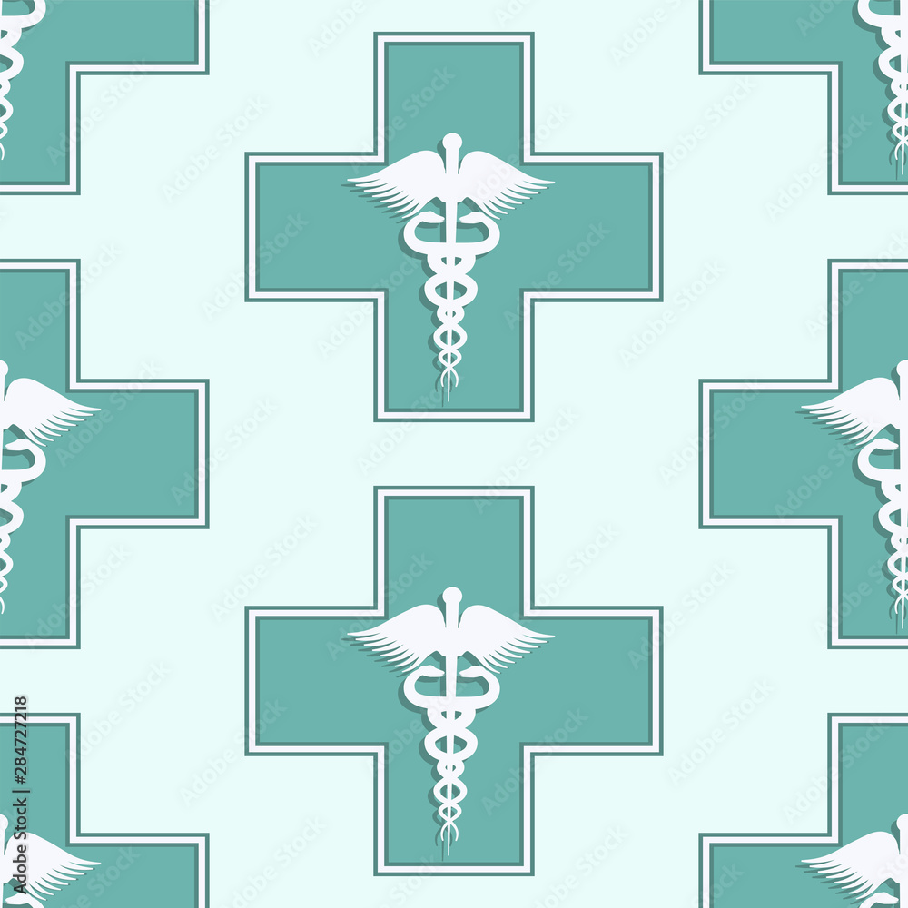 Medical seamless pattern - cross and caduceus - geometric modern ornament - turquoise background - vector.