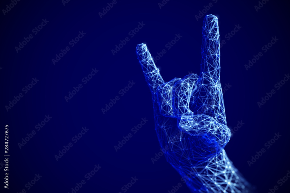 Digital art and modern culture concept: Rock n roll or heavy metal sign gesture in cyberspace. Artificial intelligence or electronic music. Abstract technology background. EPS 10, vector Illustration. Digital art and modern culture concept: Rock n roll or heavy metal sign gesture in cyberspace. Artificial intelligence or electronic music. Abstract technology background. EPS 10, vector Illustration.