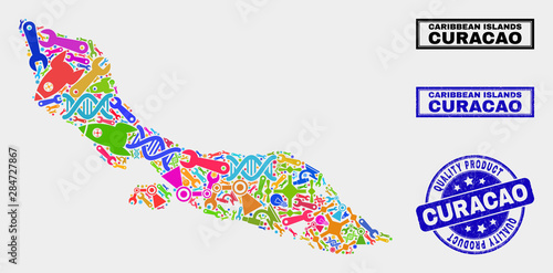 Vector collage of service Curacao Island map and blue seal stamp for quality product. Curacao Island map collage constructed with equipment, spanners, production icons.
