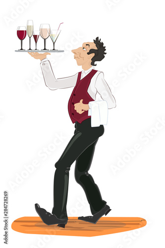 The waiter carries a tray of drinks, wine, cocktails. Illustration in vintage cartoon style. Charismatic character to decorate a menu or postcard.