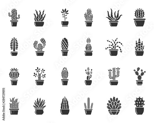 Cactus black silhouette icons succulent vector set