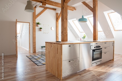 Modern attic white bright kitchen