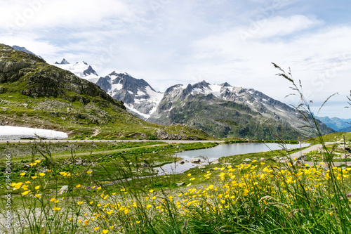 beautiful landscape with mountain glacier lake, Sustenpass, Canton Bern, Switzerland, Europe 