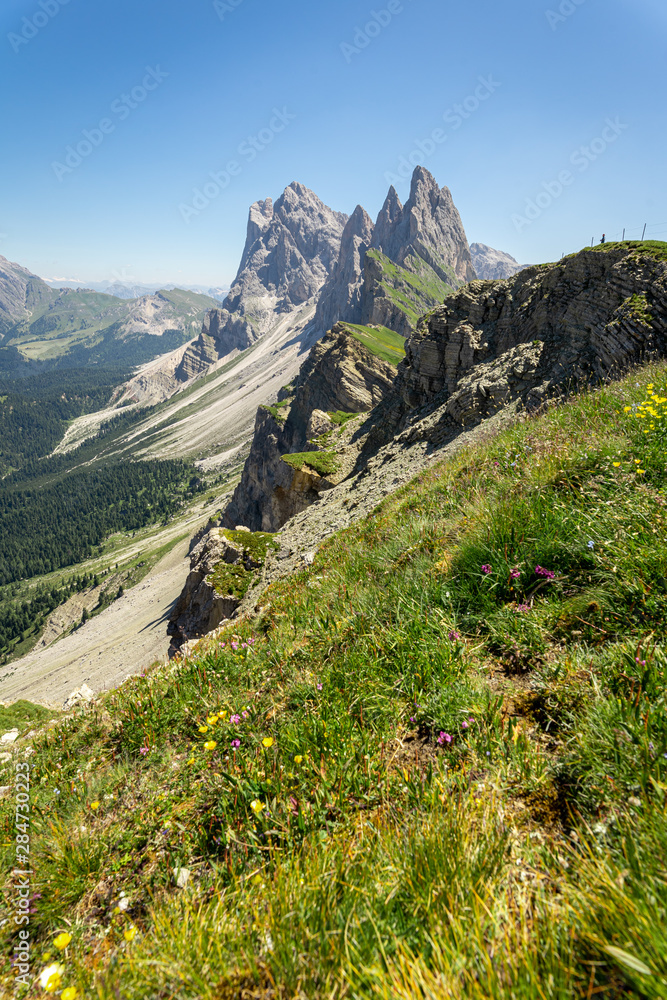 vue verticale sur les falaise des aiguilles d'une montagne des alpes italienne