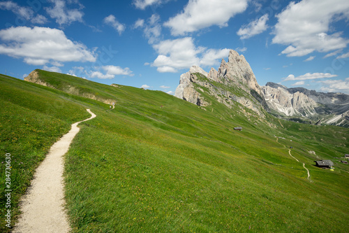 un sentier sur les pentes vertes d'une montagne photo