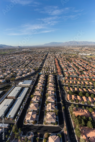 Vertical aerial view of sprawling suburban desert neighborhood in Las Vegas, Nevada.