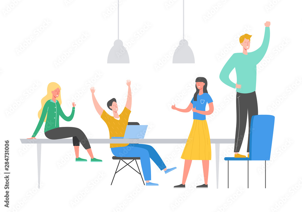 Team Success vector concept illustration. Business people celebrating victory. Man holding gold cup,  achievement reward, winner leader. Businessman and businesswoman happy in office. Victory prize