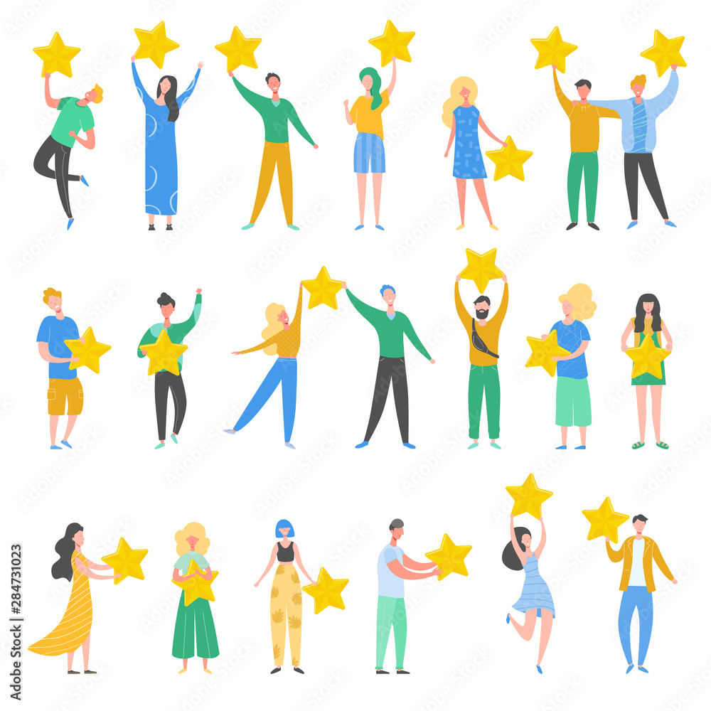 Set of people characters holding gold stars. Men and women rate services and user experience. Juries rating in the competition. Positive review, good feedback, ranking. Vector cartoon illustration