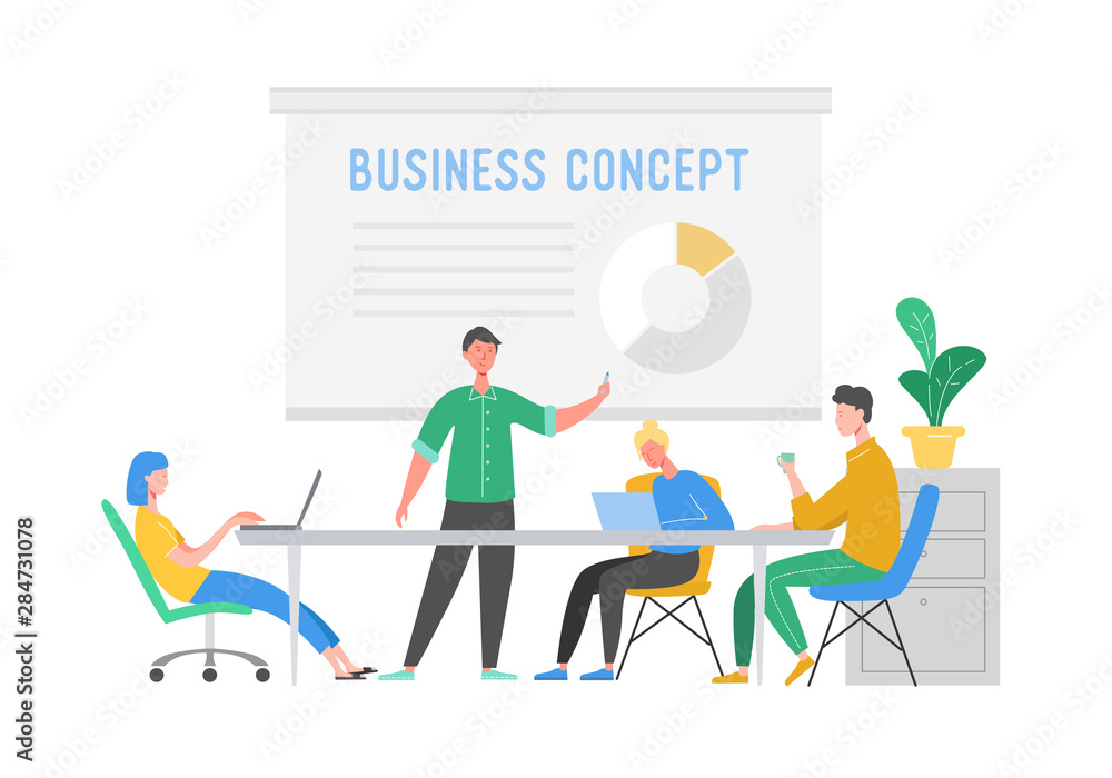 Business Meeting Teamwork Concept. Businessman and Woman Characters with Laptop. Colleagues Characters Communicating Brainstorming, Discussion Idea. Vector flat cartoon illustration