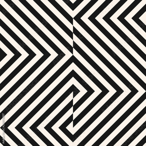 Vector geometric lines seamless pattern. Trendy monochrome texture with diagonal stripes, broken lines, chevron, zigzag, squares, tiles. Simple abstract geometry. Modern black and white background