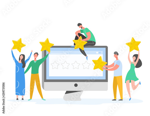 Review concept illustration. People characters holding gold stars. Men and women rate services and user experience. Five stars positive opinion, good feedback. Vector cartoon