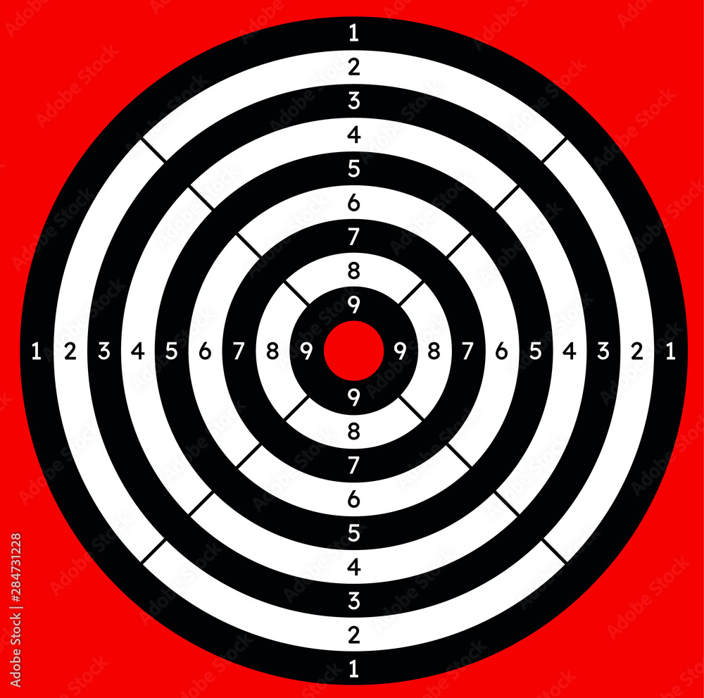 Black and white target icon with red bull'seye and numbers from 1 to 9 on red background