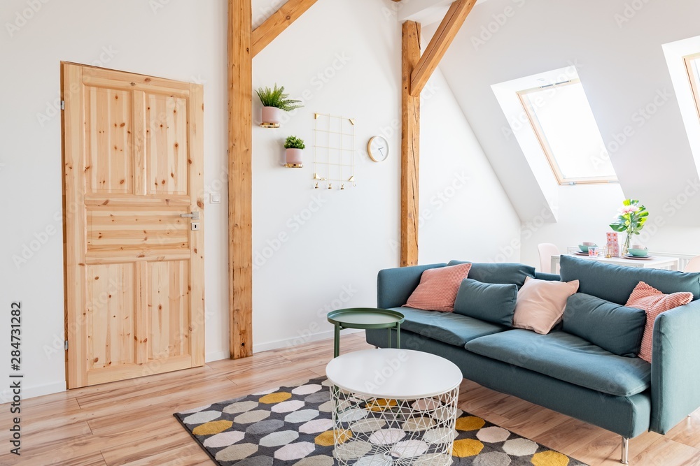 Modern bright living room with textile sofa
