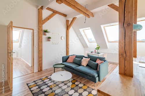 Фотография Bright attic living room in the loft apartment