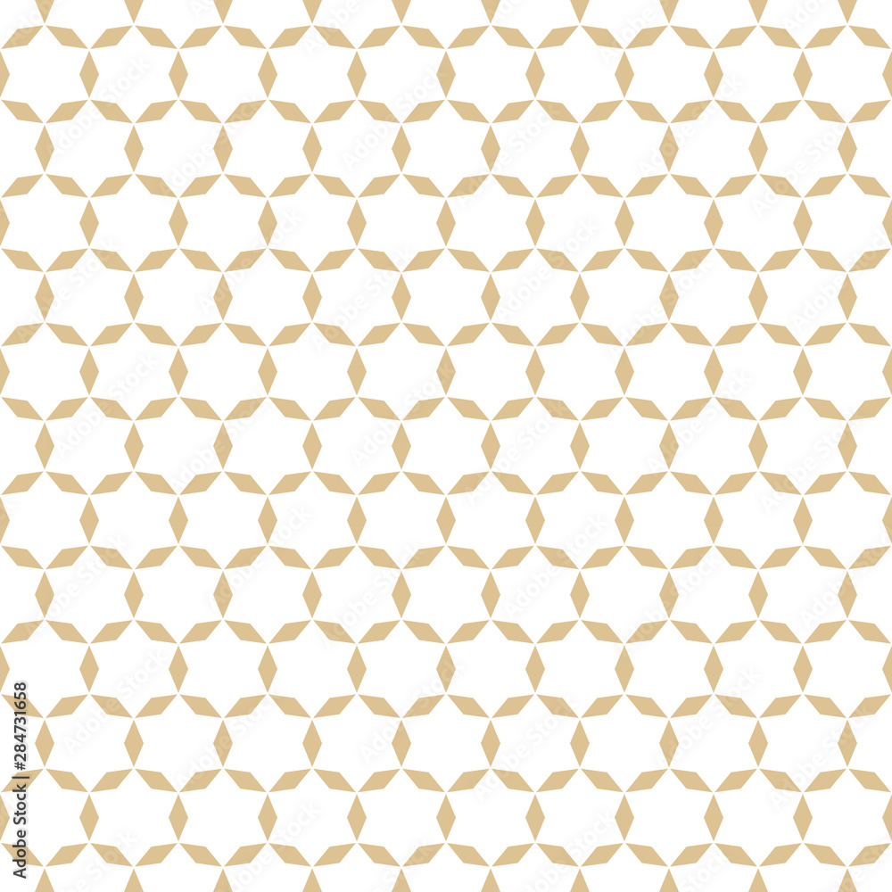 Vector golden abstract seamless pattern. Subtle white and gold background. Simple geometric ornament. Delicate graphic texture with diamond shapes, stars, rhombuses, grid, mesh. Luxury repeat design Vector golden abstract seamless pattern. Subtle white and gold background. Simple geometric ornament. Delicate graphic texture with diamond shapes, stars, rhombuses, grid, mesh. Luxury repeat design