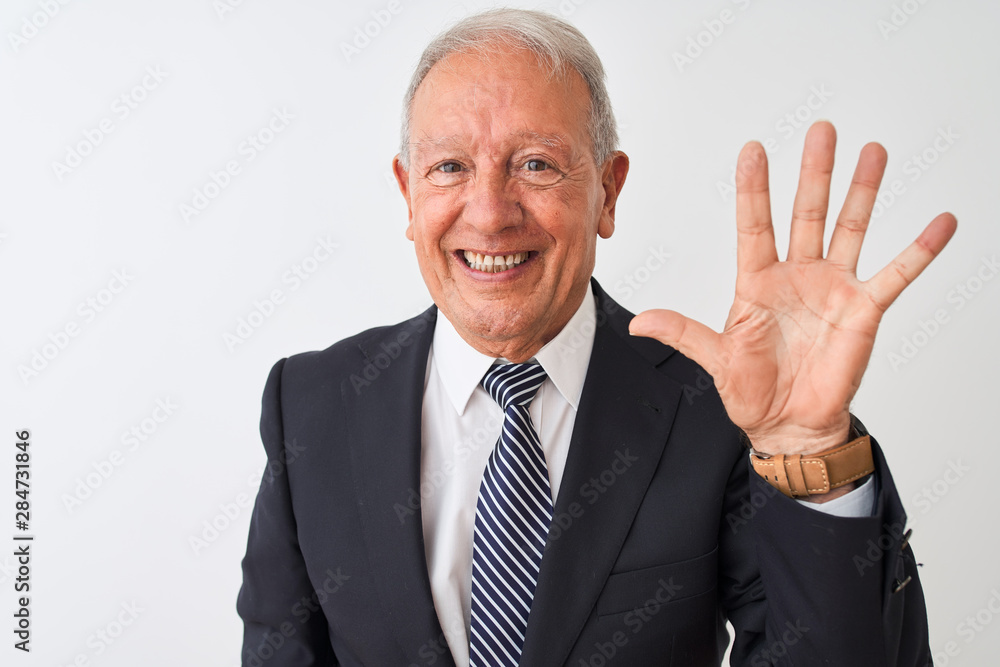 Senior grey-haired businessman wearing suit standing over isolated white background showing and pointing up with fingers number five while smiling confident and happy. Senior grey-haired businessman wearing suit standing over isolated white background showing and pointing up with fingers number five while smiling confident and happy.