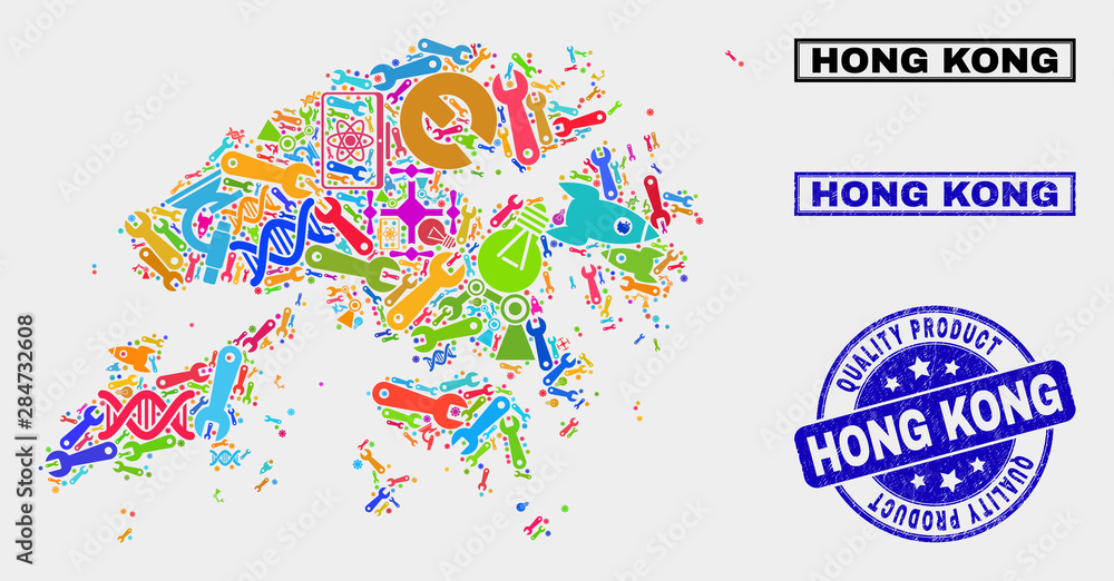 Fototapeta premium Vector collage of technology Hong Kong map and blue watermark for quality product. Hong Kong map collage constructed with tools, wrenches, production symbols.