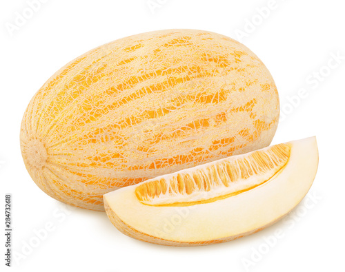 Composition with whole ripe melon and slice isolated on white background. As design elements.