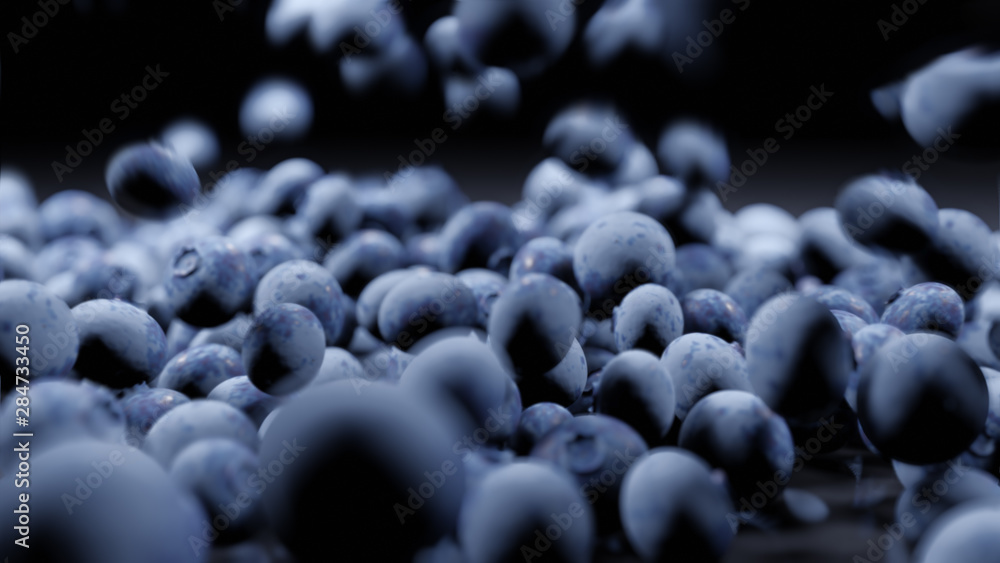 Obraz premium A closeup macro shot of a hand selected batch of fresh picked blueberries with a shallow depth of field as berries fall all around and tumble on the table where every individual blueberry is perfect