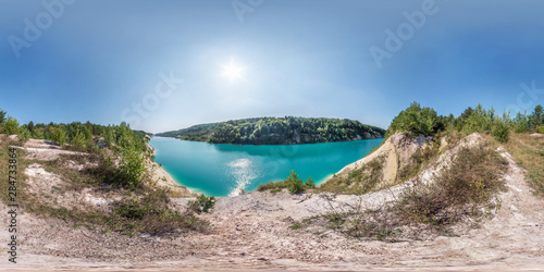 Fototapeta Naklejka Na Ścianę i Meble -  full seamless spherical hdri panorama 360 degrees angle view on chalkpit on limestone coast of huge turquoise lake in summer day in equirectangular projection with zenith and nadir, VR content