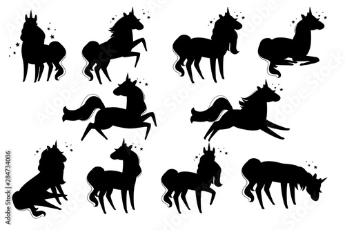 Black silhouette set of magic mythical animal from fairy tale unicorn cartoon animal design flat vector illustration isolated on white background