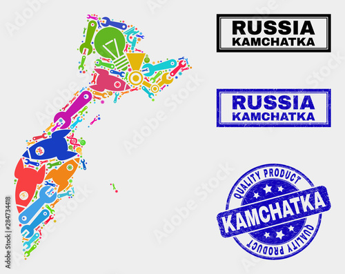 Vector composition of service Kamchatka map and blue stamp for quality product. Kamchatka map collage constructed with equipment, spanners, production icons.
