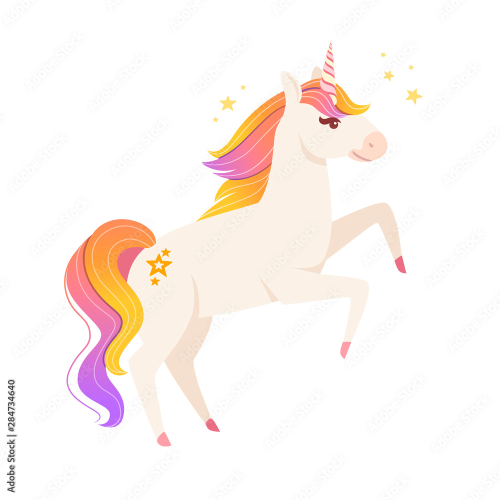 Magic mythical animal from fairy tale unicorn cartoon animal design flat vector illustration isolated on white background Magic mythical animal from fairy tale unicorn cartoon animal design flat vector illustration isolated on white background