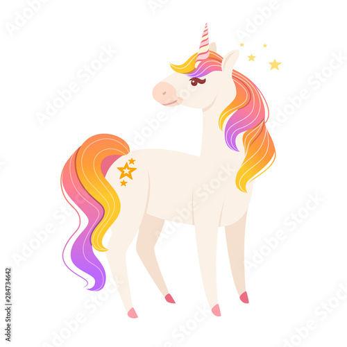 Magic mythical animal from fairy tale unicorn cartoon animal design flat vector illustration isolated on white background