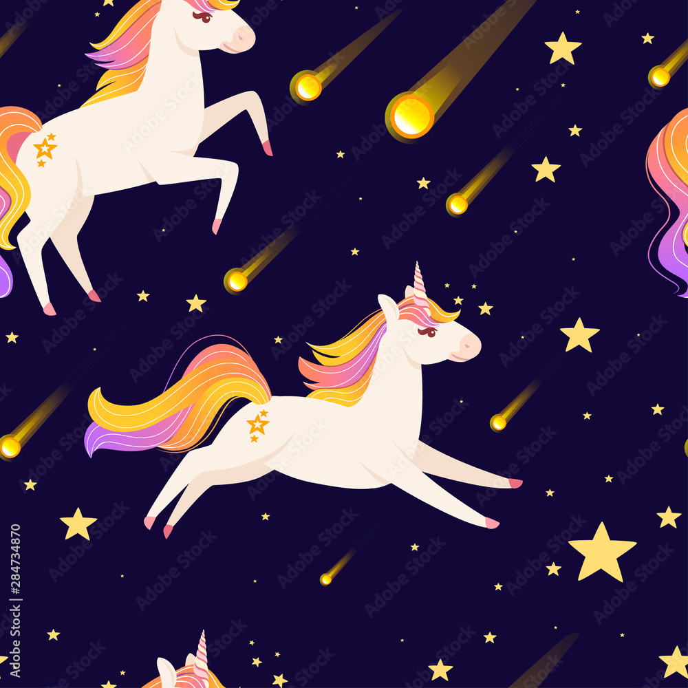 Seamless pattern of magic mythical animal from fairy tale running unicorn cartoon animal design flat vector illustration on night sky