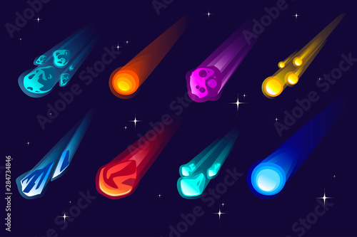 Set of meteors and comet with different colors and shapes flat vector illustration on outer space background with stars
