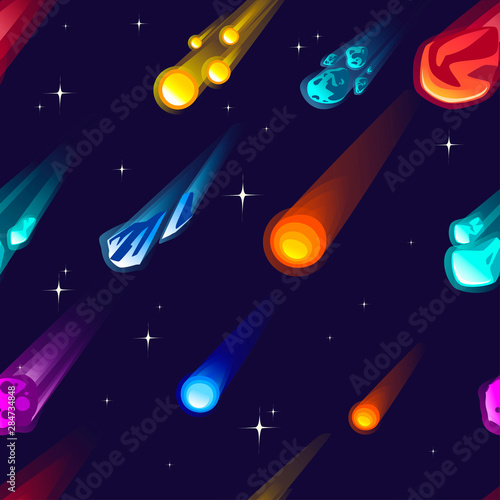 Seamless pattern of meteors and comet with different colors and shapes flat vector illustration on outer space background with stars