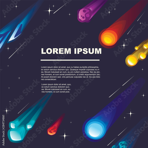 Pattern of meteors and comet with different colors and shapes flat vector illustration on outer space background with stars greetings card design with place for text