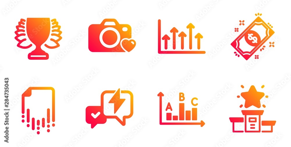 Growth chart, Lightning bolt and Payment line icons set. Survey results, Recovery file and Winner signs. Photo camera, Winner podium symbols. Upper arrows, Messenger. Education set. Vector
