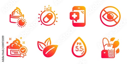 Medical phone, Ph neutral and Organic product line icons set. Cream, Sun cream and Not looking signs. Capsule pill, Mint bag symbols. Mobile medicine, Water. Healthcare set. Vector