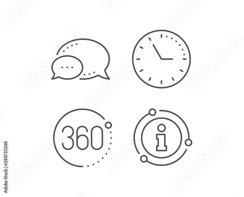 360 degrees line icon. Chat bubble, info sign elements. VR simulation sign. Panoramic view symbol. Linear 360 degrees outline icon. Information bubble. Vector
