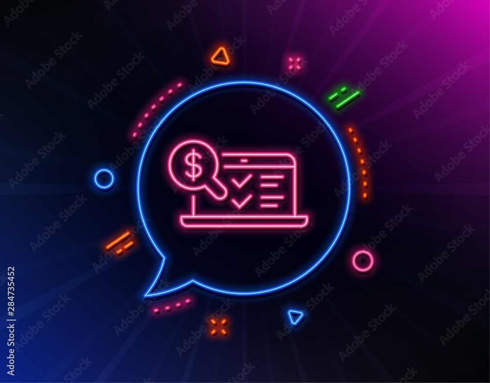 Obraz premium Online accounting line icon. Neon laser lights. Audit sign. Check finance symbol. Glow laser speech bubble. Neon lights chat bubble. Banner badge with online accounting icon. Vector