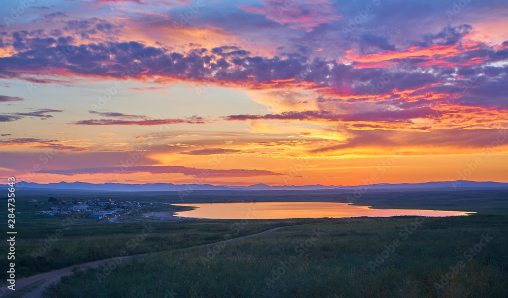 sunset over lake in Tuva, Siberia
