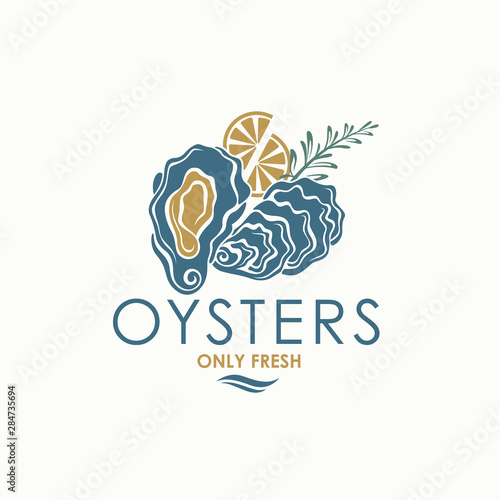 label of fresh oyster shell and lemon isolated on light background