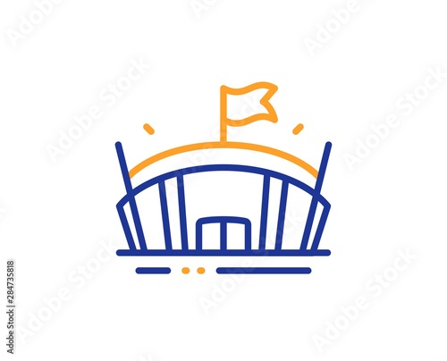 Arena with flag sign. Sports stadium line icon. Sport complex symbol. Colorful outline concept. Blue and orange thin line arena icon. Vector
