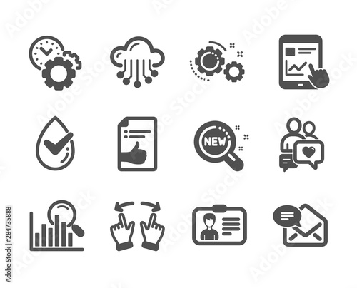 Set of Technology icons, such as New products, New mail, Move gesture, Internet report, Cloud storage, Identification card, Dermatologically tested, Approved document, Search, Gears. Vector