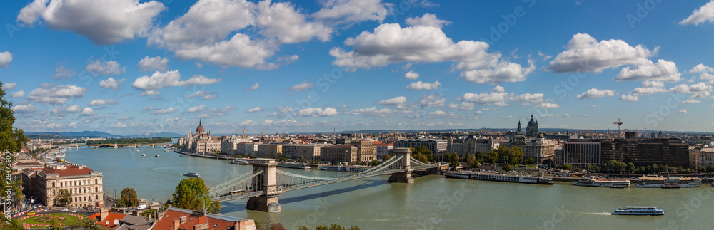 Panorama Cityscape of Budapest and Széchenyi Chain Bridge acrossed Danube River, Hungary.