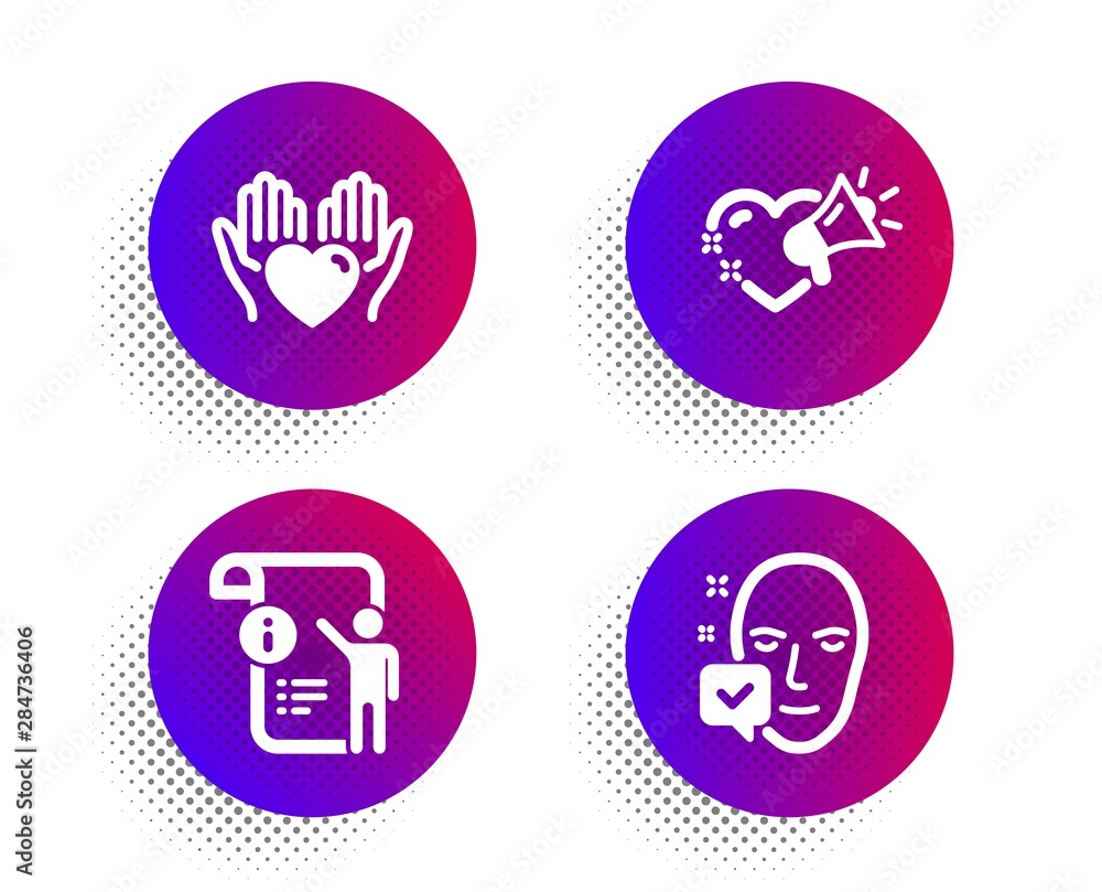 Hold heart, Manual doc and Love message icons simple set. Halftone dots button. Face accepted sign. Care love, Project info, Heart. Access granted. People set. Classic flat hold heart icon. Vector
